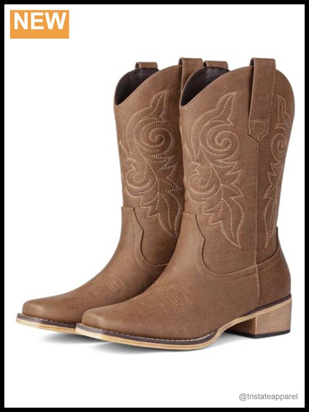 Faux Leather Square Toe Cowboy Boots with Embroidery, Mid Calf Low Chunky Heel
